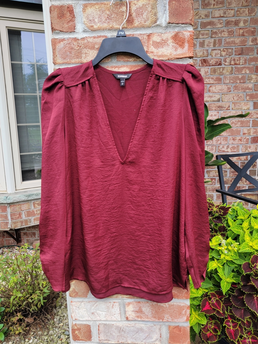 Express Deep V-Neck Burgundy Blouse with Ruched Shoulders